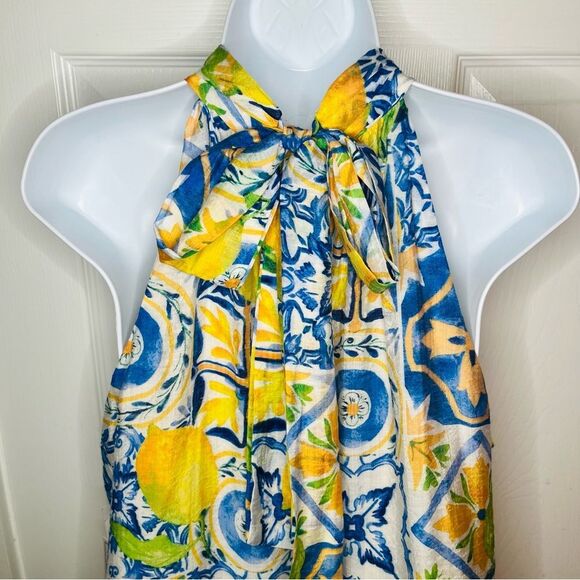 1. State Halter Neck Tiered Ruffle Dress Sleeveless Yellow Lemon Print Blue L - Picture 9 of 13
